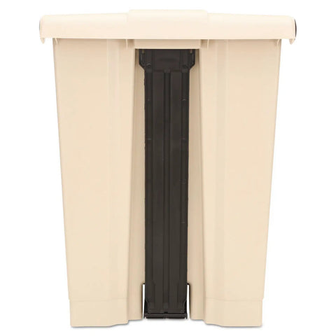 Side view of Fire Safe Step-On Receptacle, 18-Gallon Rectangular Beige Trash Can, Heavy-Duty Pedal, Durable Polyethylene Waste Bin.