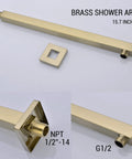 Brass shower arm 15.7 inches, part of Pressure Balance Rain Shower System With Concealed Valve 10 Inch Rain Head Brushed Gold Finish.
