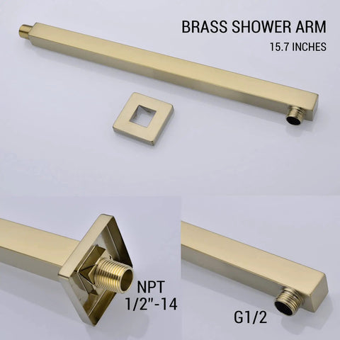 Brass shower arm 15.7 inches, part of Pressure Balance Rain Shower System With Concealed Valve 10 Inch Rain Head Brushed Gold Finish.