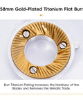 58mm Gold Titanium Flat Burr Coffee Grinder featuring anti-static design and precise grinding plates.