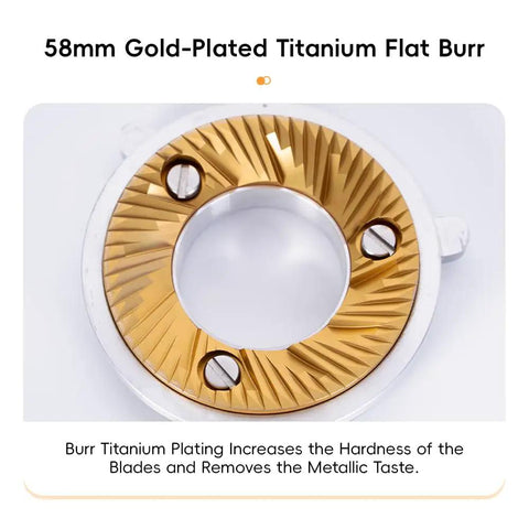 58mm Gold Titanium Flat Burr Coffee Grinder featuring anti-static design and precise grinding plates.