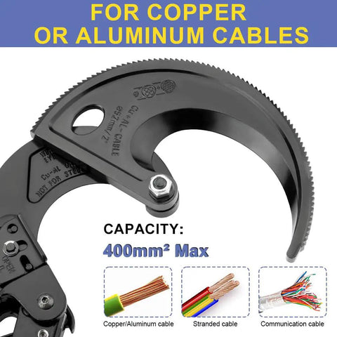 Close-up of a heavy duty ratchet cable cutter blade for aluminum and copper wires up to 400 mm2 showing cable capacity