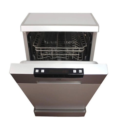Sleek Heavy Duty Portable Dishwasher 18 Inch With Stainless Steel Tub and six racks for eight place settings.