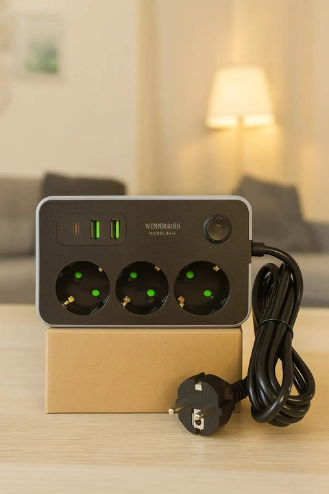 6.5 Foot Extension Cord With Three AC Outlets Two USB Type C Ports One USB Port Thermal Fuse Protection Surge Guard Power Strip, black design.