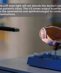 NoGlare Diagnostic Medical Pen Light With Pocket Clip shown illuminating an eye model, highlighting its 3000K LED feature.