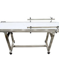 Heavy Duty Industrial Flat Conveyor Belt Built Like A Tank With Adjustable Guardrails Stainless Steel Frame Variable Speed Motor ready for warehouse packing.