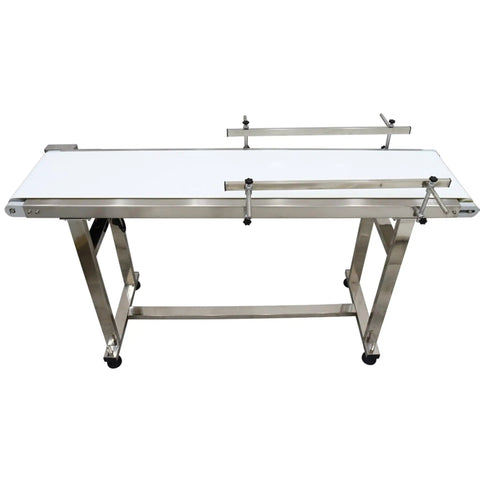 Heavy Duty Industrial Flat Conveyor Belt Built Like A Tank With Adjustable Guardrails Stainless Steel Frame Variable Speed Motor ready for warehouse packing.