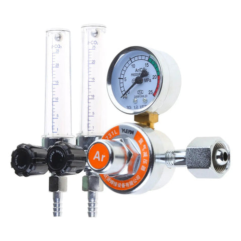 Argon Gas Regulator For Welding With Adjustable 0 To 25 MPa Pressure Gauge And Readout, with dual flow meters and leak proof sealing.