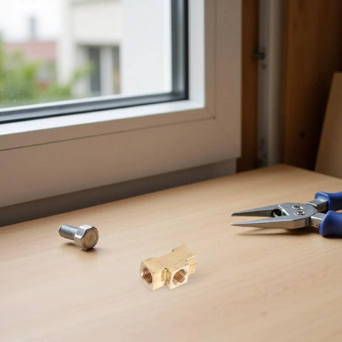 Brass Tee Pipe Fitting 3 Way Connector With Female Threads on desk near pliers and bolt, Compact Block Design