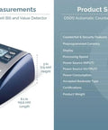 No Sweat Commercial Grade Five Point Automatic Money Bill Detector And Counterfeit Validator With Ultraviolet Magnetic Infrared Watermark Dimension Sensors For Quick Buck Scans And Secure Retail Transactions showing front view with LCD display and US currency.