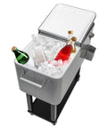 80 Quart Rolling Ice Chest Cooler Cart On Wheels For Outdoor Parties And Backyard BBQs with bottles in ice