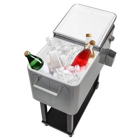 80 Quart Rolling Ice Chest Cooler Cart On Wheels For Outdoor Parties And Backyard BBQs with bottles in ice