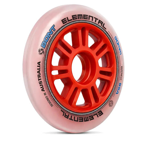 Elemental Inline Speed Skate Wheels 90mm Set Of 8 85A Urethane, single wheel close-up with red core for training and racing.