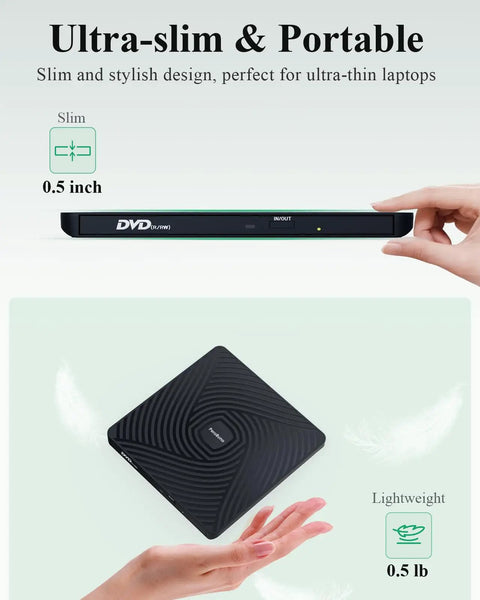 Ultra Slim External CD DVD Drive Type C 3.0, Plug And Play Portable Optical Drive, 13mm Thick, Travel Friendly For Laptops And Desktops, No Power Adapter Needed, Perfect For The On The Go Data And Media. Thin black external DVD drive shown in side and top views, 0.5 inch