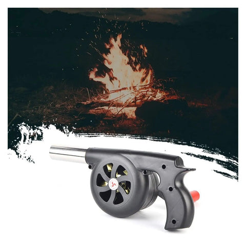 Portable Manual Hand Crank Air Blower Fire Up Campfires Fast Heavy Duty Metal Stoker Bellows Pump with black handle.