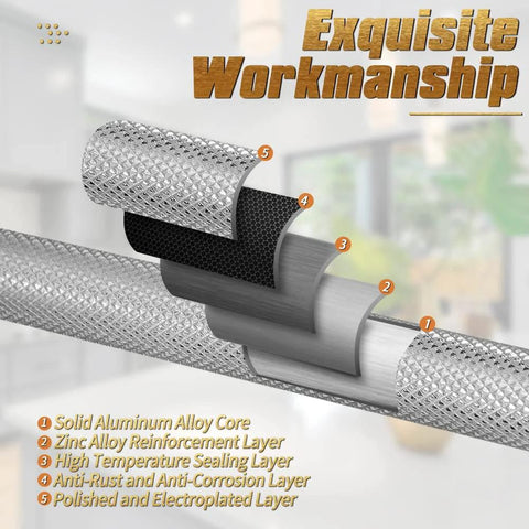 Layered composition of knurled cabinet pulls showcasing durability with solid aluminum core, zinc alloy layer, and anti-rust coating.