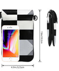 Slick Black And White Piano Plate Grid Print Crossbody Bag Crafted From Soft Water Repellent Synthetic Suede With Secure Strap for phone size reference.