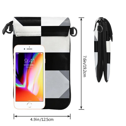Slick Black And White Piano Plate Grid Print Crossbody Bag Crafted From Soft Water Repellent Synthetic Suede With Secure Strap for phone size reference.