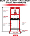 Front view of 12 Ton Hydraulic Shop Press H Frame With Movable Plates And Adjustable Height for metalworking with dimensions.