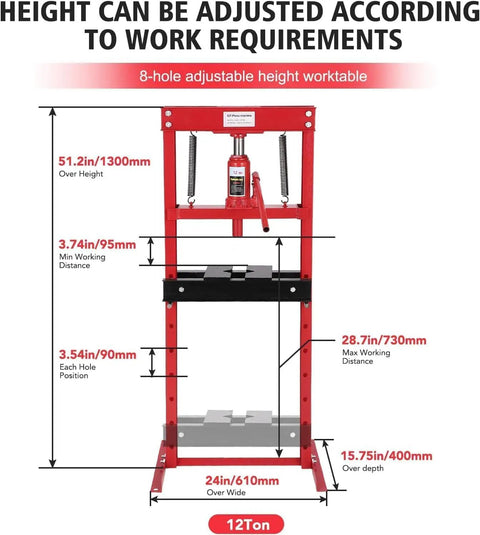 Front view of 12 Ton Hydraulic Shop Press H Frame With Movable Plates And Adjustable Height for metalworking with dimensions.