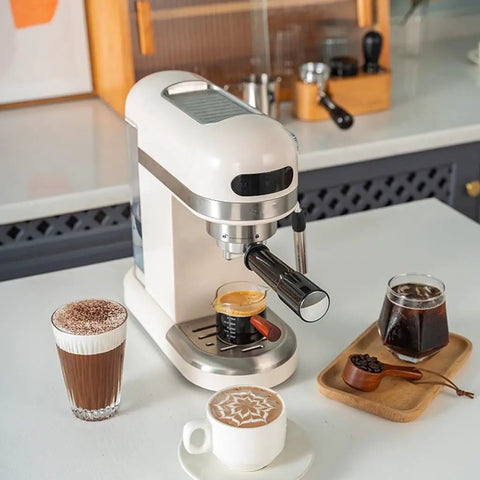 Semi Automatic Espresso Machine With Built In Grinder And Milk Frother For Home Office Use Compact Coffee Maker on kitchen counter
