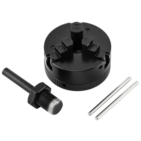 Top Shelf Mini Lathe Chuck Set With 3 Jaw Hella Tight Self Centering Extension And Connecting Rod Kit High Carbon Steel parts including chuck and rods.