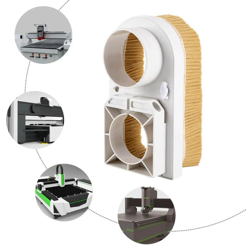Close-up of 80Mm Spindle Dust Shoe For CNC Routers With Nylon Bristle Brush and CNC router applications shown
