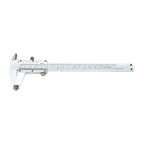 Vernier Caliper 0-6 Inch / 0-150 Millimeters Manual Caliper Carbon Steel with knurled thumb roller and locking screw.