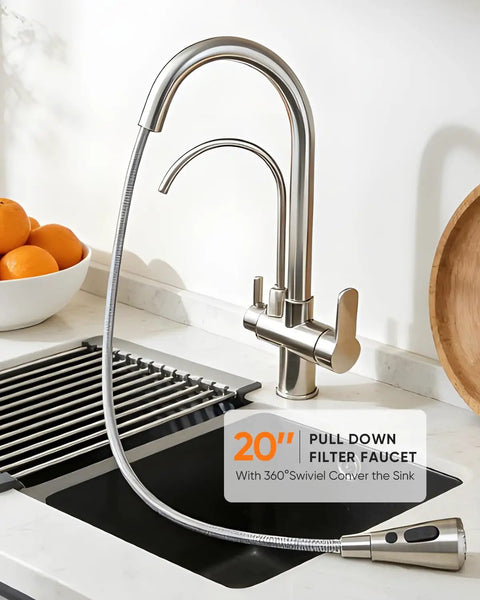 Two Handle Kitchen Faucet With Pull Down Sprayer And 24 Inch Hose Brushed Nickel 3 In 1 Water Filter Purifier in modern kitchen.