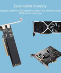 External GPU Docking Station For Laptop Gaming And Handheld Consoles With PCIe Graphic Accelerator Aluminum Cooling Enclosure showing PCIE graphics and sound cards.
