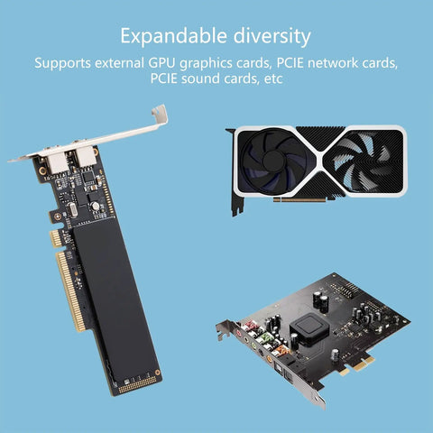 External GPU Dock For Laptops Featuring Heavy Duty Metal Frame And Real PCIe 4.0 Support with multiple PCIE cards included.