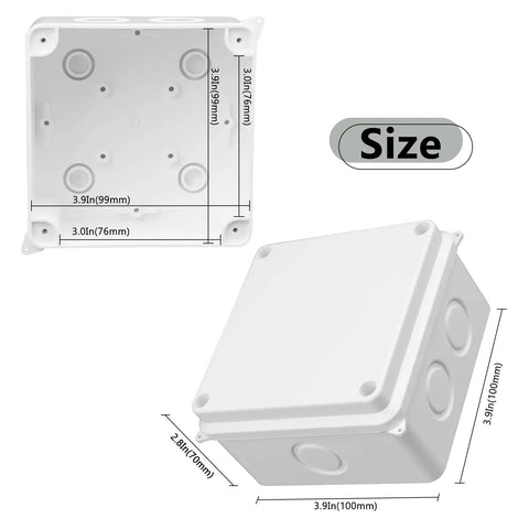 IP65 Outdoor Junction Box 200 Pack White ABS Plastic Waterproof Enclosure For DIY Electronics And Sensor Wiring, Weatherproof Project Case Built For Tinkerers And Pros, Rain Dust Moisture Safe, 3.9x3.9x2.8 In., size view with dimensions