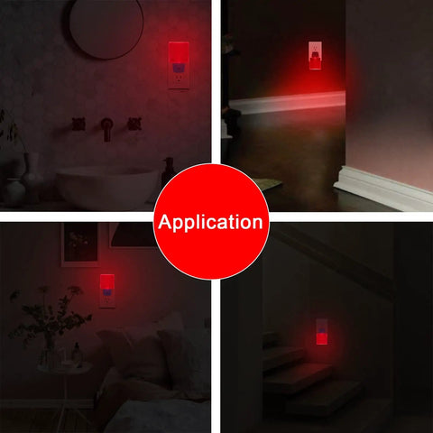 2 Pack Plug In Red Night Lights With Dusk To Dawn Sensor in bathroom, hall, bedroom, and stairs application views