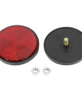 Pair Red Plastic Reflective Warning Reflectors With Universal Screw Mount For Motorcycle And Bike M6x1.0 Thread Durable High Visibility Simple Install Built For Long Lasting Use Ride Ready For Day Or Night Riding showing front and back views with nuts.
