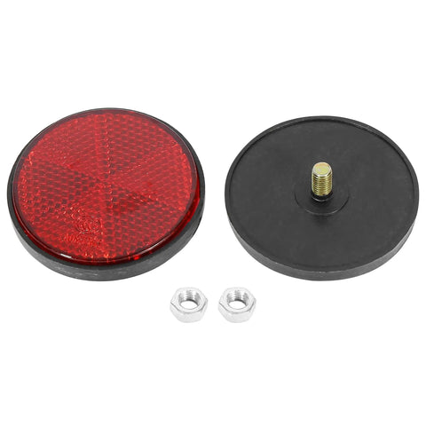 Pair Red Plastic Reflective Warning Reflectors With Universal Screw Mount For Motorcycle And Bike M6x1.0 Thread Durable High Visibility Simple Install Built For Long Lasting Use Ride Ready For Day Or Night Riding showing front and back views with nuts.