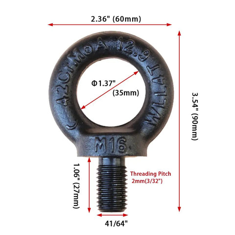 Heavy Duty Lifting Eyebolt M16 Forged Steel 4 Ton Working Load Limit Industrial Grade Eyebolt For Truck Tractor Side View