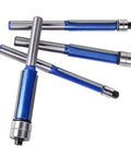 Rock Smooth Sights With This 4Pcs Flush Trim Bit Set For Your Router Featuring A Solid 6Mm Shank And Double Bearing Design That Cuts Clean Edges Without Wobble So You Can Finish Your Woodworking Projects Like A Total Champ Tonight, showing four router bits with blue and silver coloring.