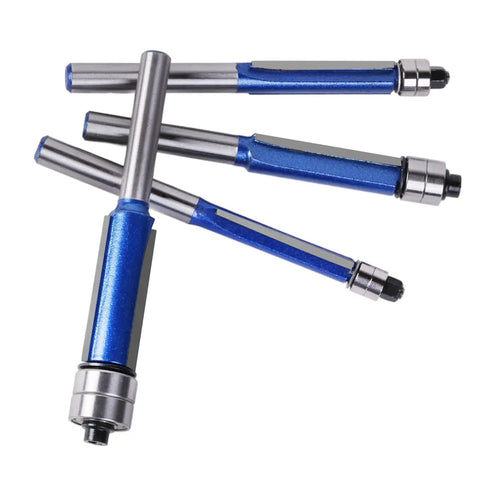 Rock Smooth Sights With This 4Pcs Flush Trim Bit Set For Your Router Featuring A Solid 6Mm Shank And Double Bearing Design That Cuts Clean Edges Without Wobble So You Can Finish Your Woodworking Projects Like A Total Champ Tonight, showing four router bits with blue and silver coloring.
