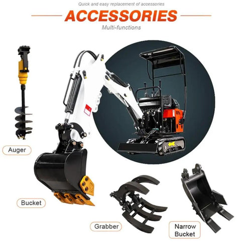 Compact Hydraulic Digger For Trenching And Pipe Installations with auger, bucket, grabber, narrow bucket accessories