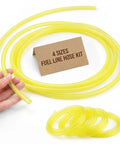 Dope Four Size Fuel Line Hose Kit For 2 Cycle Small Engines, 4 ft, yellow tubing and label, hand holding hose end