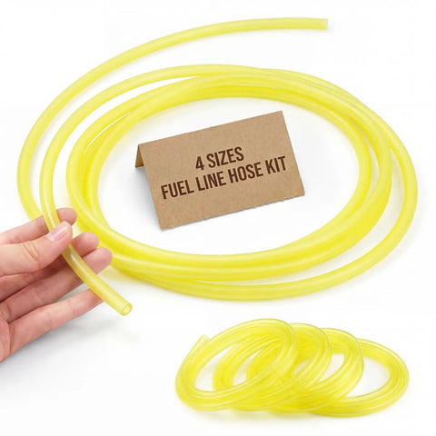 Dope Four Size Fuel Line Hose Kit For 2 Cycle Small Engines, 4 ft, yellow tubing and label, hand holding hose end