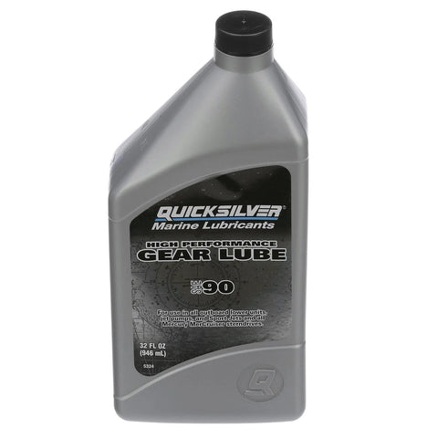 Quicksilver marine gear lube SAE 90 bottle, 32 fl oz, gray plastic container with black label