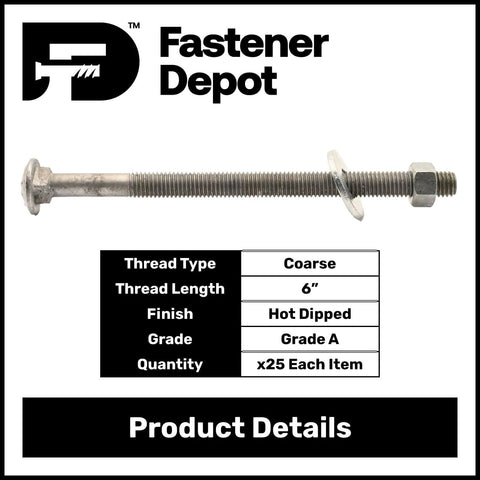 Half Inch Carriage Bolt Kit, 8 Inch Long, 25 Pack, Grade 307A, Hot Dip Galvanized For Exterior Use with washers and hex nuts