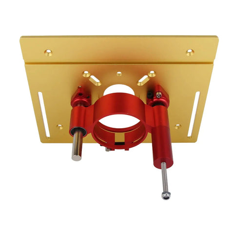Heavy Duty Aluminum Router Lift For Top Shelf Woodworking Tables Featuring Smooth Manual Crank 0 To 47 Mm Height Adjustment And Boss Tier Clamping Base In Clean Gold Finish with red components.