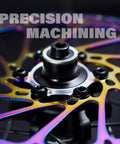 Close-up of MTB rotor with 6-bolt pattern and black stainless steel bolts from 12 Pack 6 Bolt Bicycle Disc Brake Bolts M5x10mm For MTB Rotors.