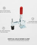 Vertical Hold Down Clamp With Quick Action Toggle for Woodworking and Assembly on a rock solid galvanized iron workbench, diagram view