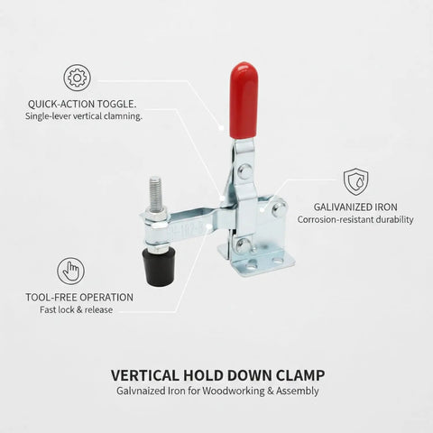 Vertical Hold Down Clamp With Quick Action Toggle for Woodworking and Assembly on a rock solid galvanized iron workbench, diagram view