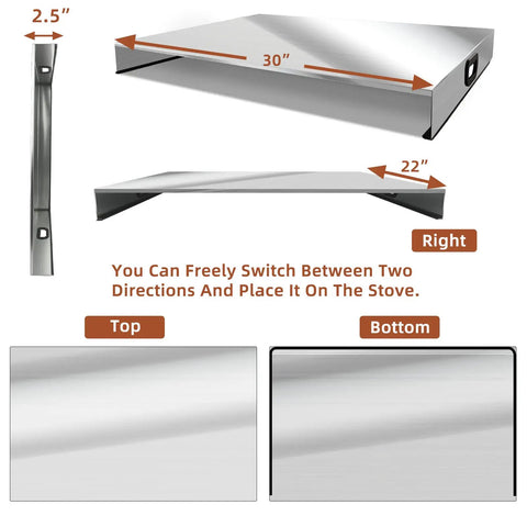 Dimensional view of Stainless Steel Stove Top Cover Noodle Board Kitchen Organizer For Gas And Electric Stoves Expands Counter Space And Doubles As A Cutting Board Sink Cover 30 By 22 By 3 Inches Silver with top and side profiles.