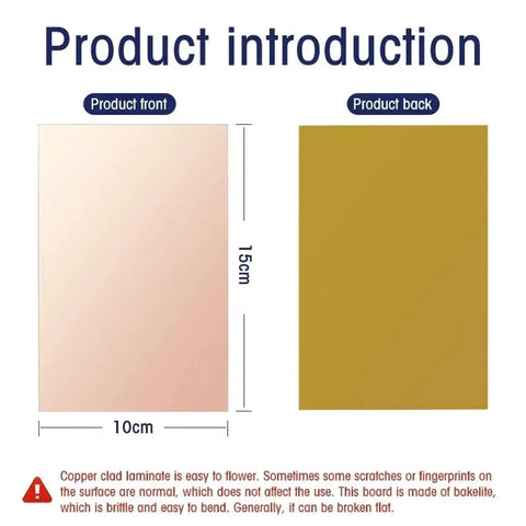 Product introduction showing front and back of Single Sided Copper Clad Laminate PCB Board 10x15cm Kit for Etching and DIY Circuits.
