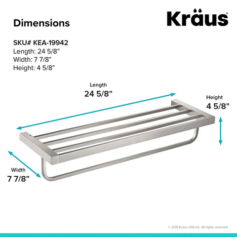 Solid Brass Bathroom Shelf With Towel Bar In Brushed Nickel Finish for towels, dimensions 24 5/8 in L x 7 7/8 in W x 4 5/8 in H